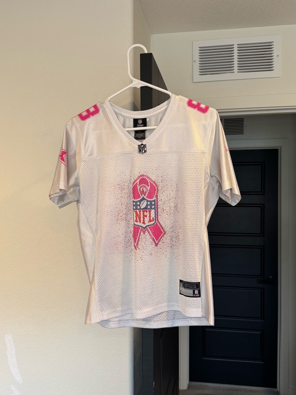 NFL White Short-Sleeve Jersey with Pink Ribbon Accents